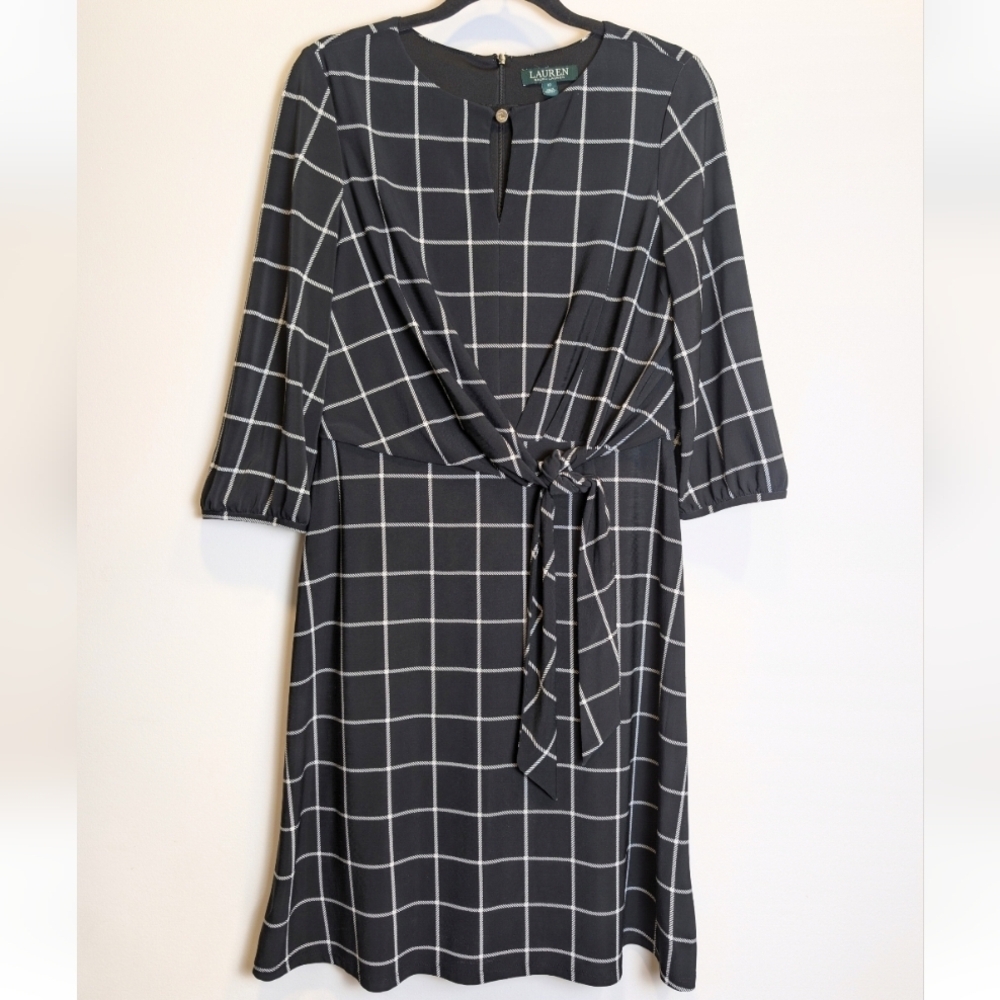 Lauren Ralph Lauren Black White Windowpane Plaid 3/4 Sleeve Dress Size 10